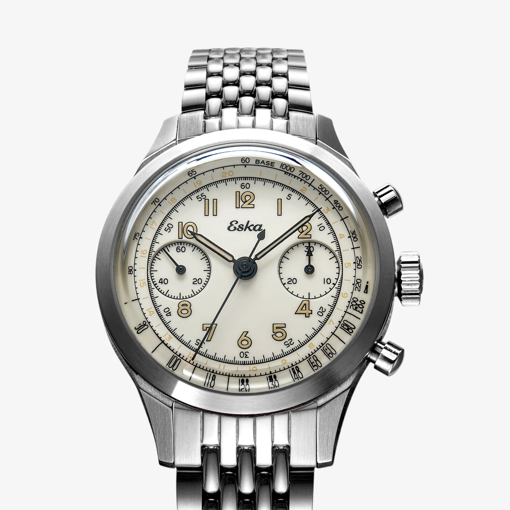 Montre Chronographe Mécanique à Remontage Manuel Eska Heritage SK25 Beige bracelet acier grain de riz